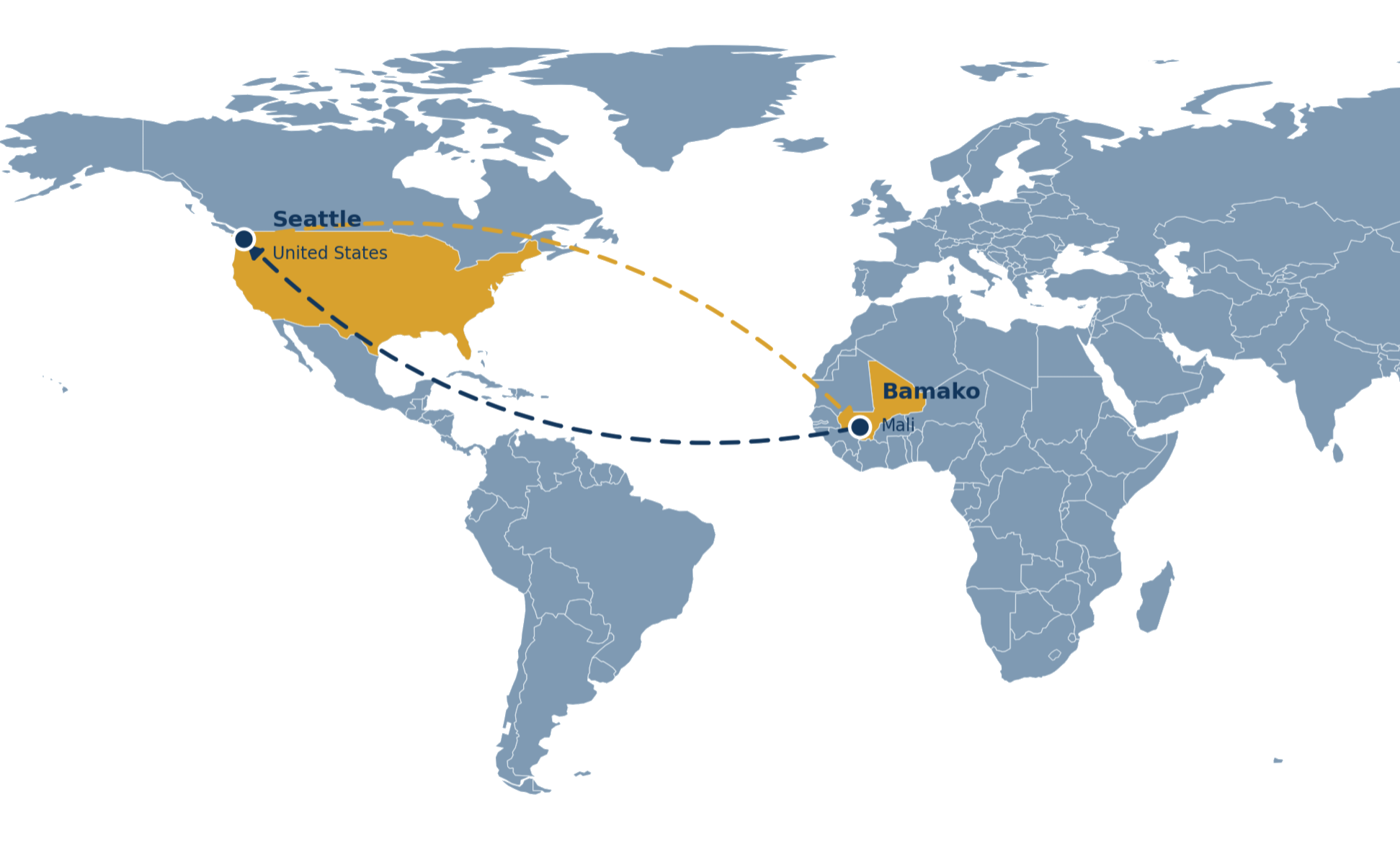 World map highlighting business connections between the United States and Mali